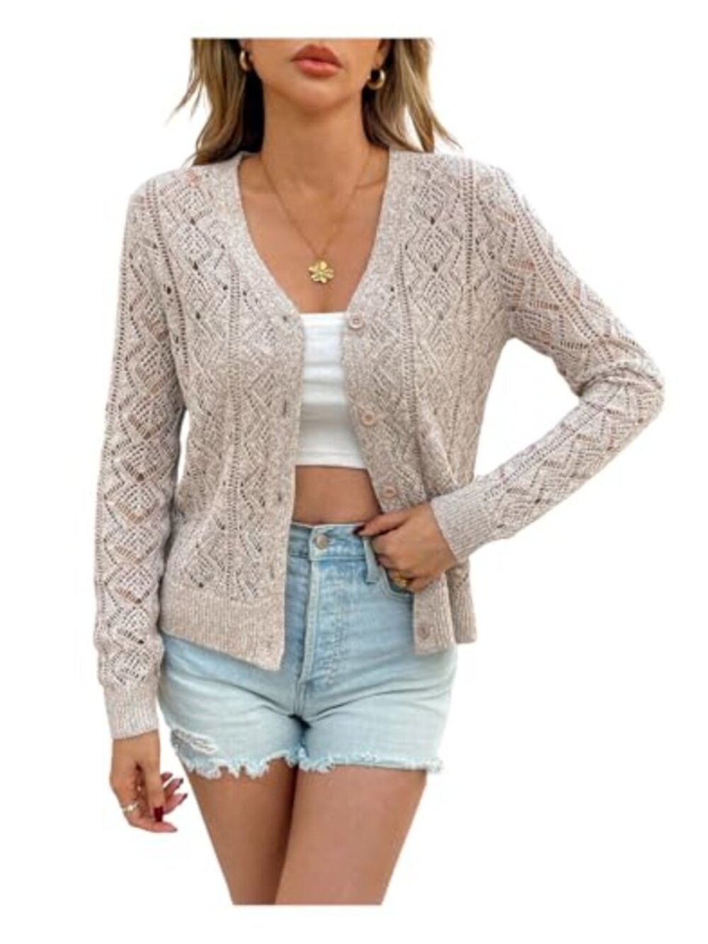 SOLY HUX Women's Hollow Out Crochet Knit Cardigan Button Down V Neck Long Sleeve
